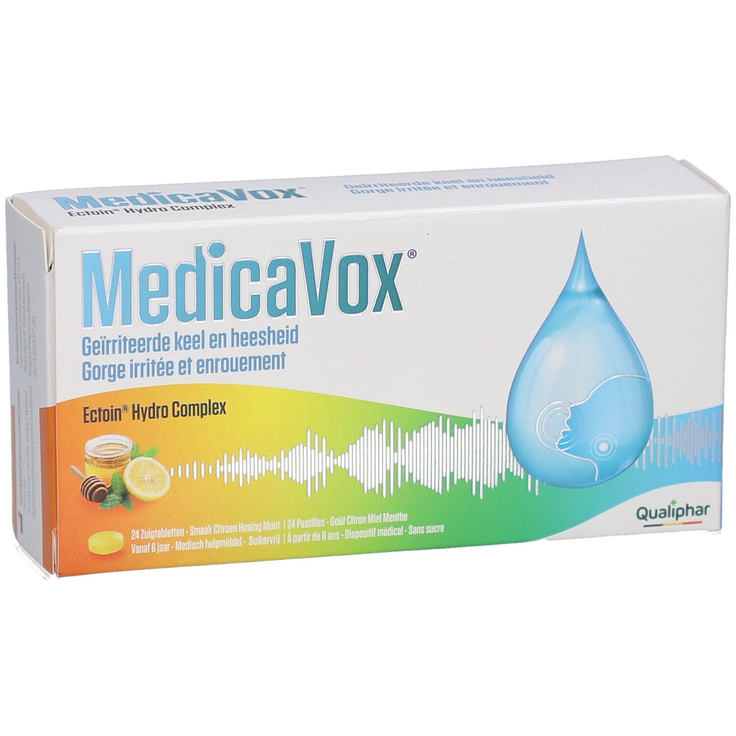 Boîte MedicaVox. Carton blanc avec motif goutte bleue. Texte: MedicaVox, Ectoin Hydro Complex, Gorge irritée et enrouement.