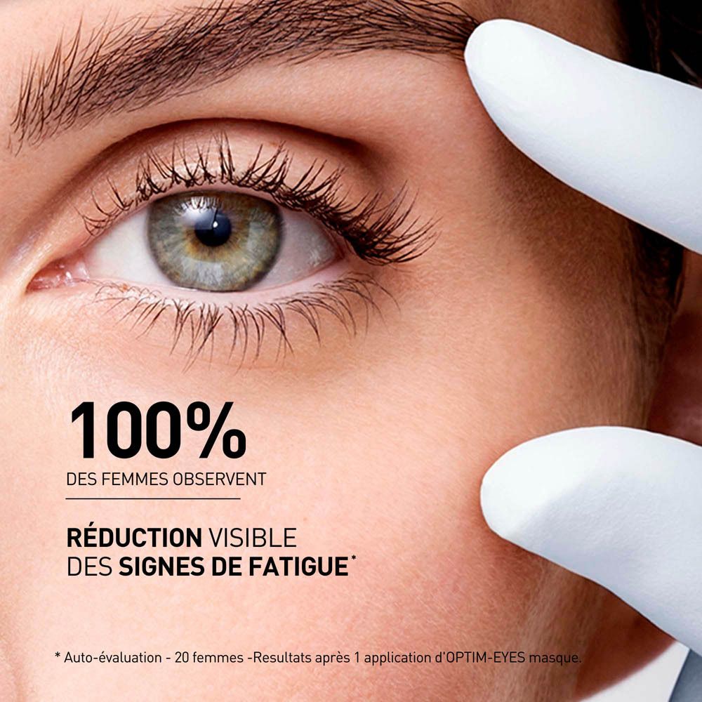 Gros plan d'un œil avec texte: 100% des femmes observent, réduction visible des signes de fatigue.