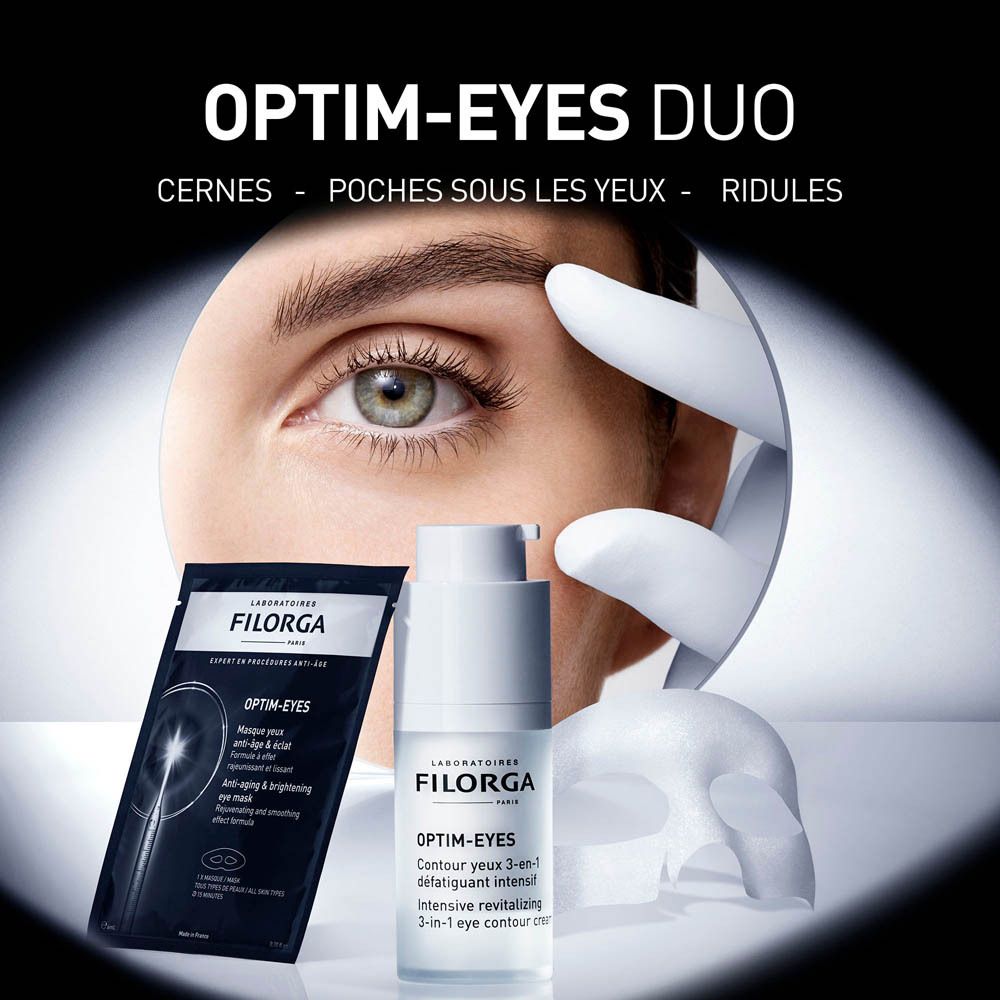 Image du produit: Optim-Eyes Duo, masque pour les yeux et crème pour les yeux. Texte: Cerne, Poches, Ridules.
