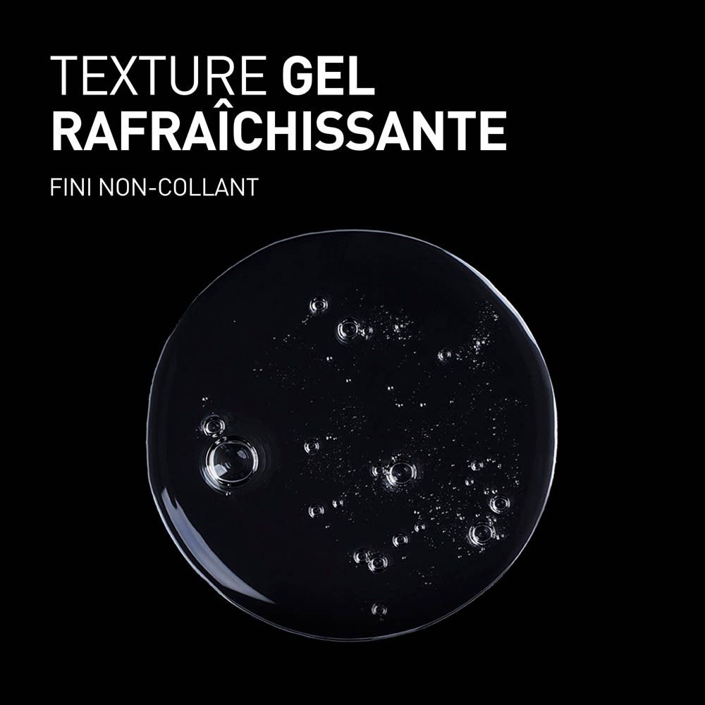 Texture gel sur fond noir. Texte: TEXTURE GEL RAFRAÎCHISSANTE, FINI NON-COLLANT.