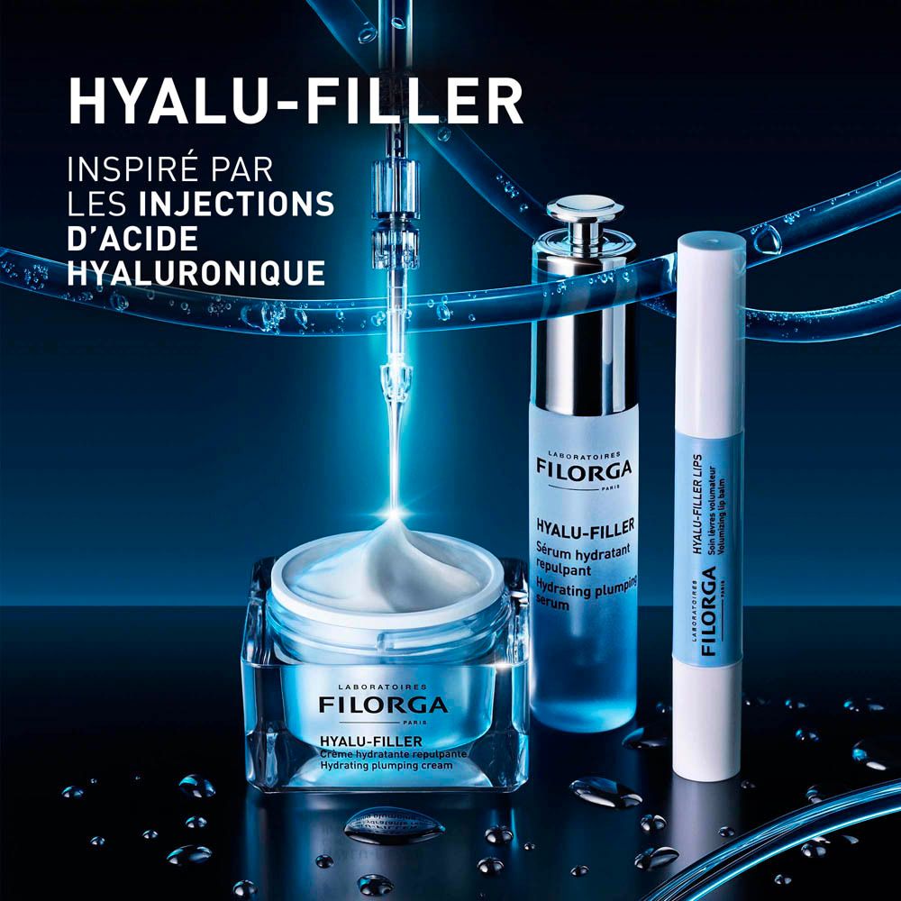 Gamme de produits: crème, sérum, baume à lèvres. Texte: HYALU-FILLER, Inspires par les injections d'acide hyaluronique.