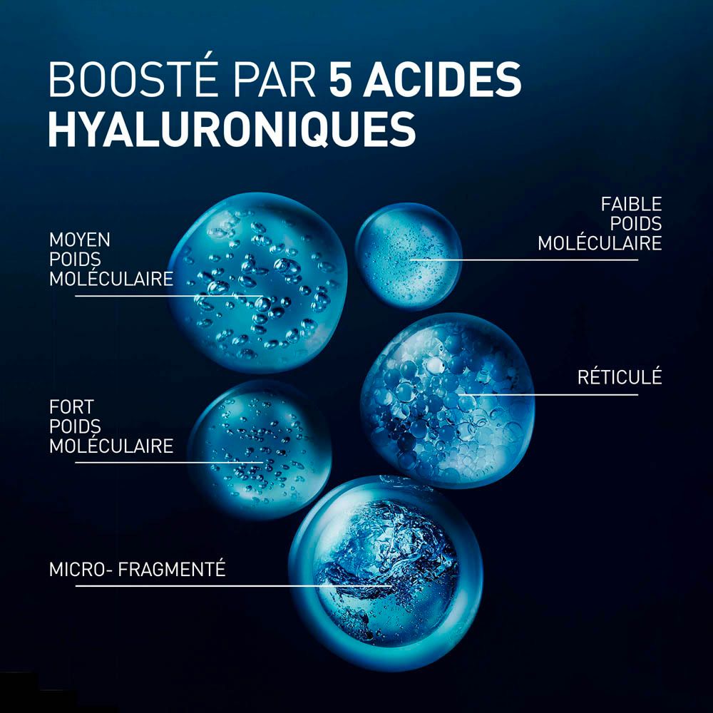 Représentation graphique de 5 molécules d'acide hyaluronique. Texte : BOOSTÉ PAR 5 ACIDES HYALURONIQUES.