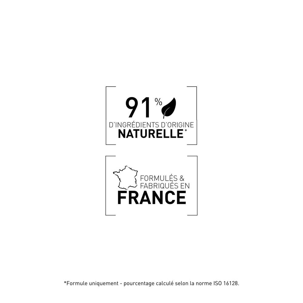 Deux logos : 91% d'ingrédients d'origine naturelle. Formulé & fabriqué en France.