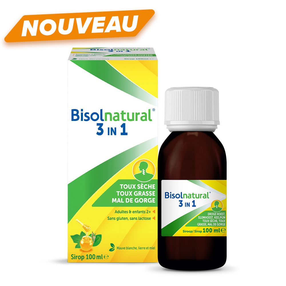 Emballage et flacon. Emballage avec nom du produit et informations sur la toux et la gorge.