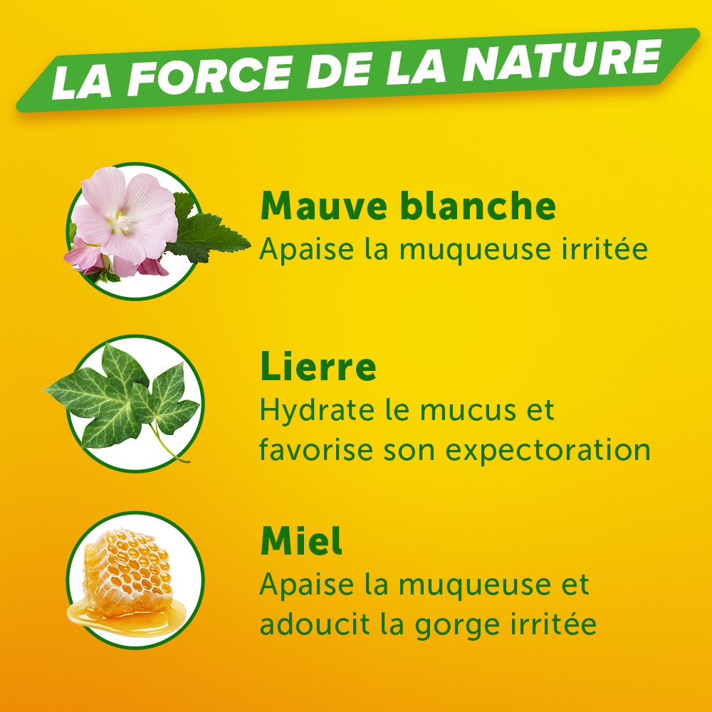 Flacon et emballage. Emballage avec nom du produit et informations sur la toux et la gorge.