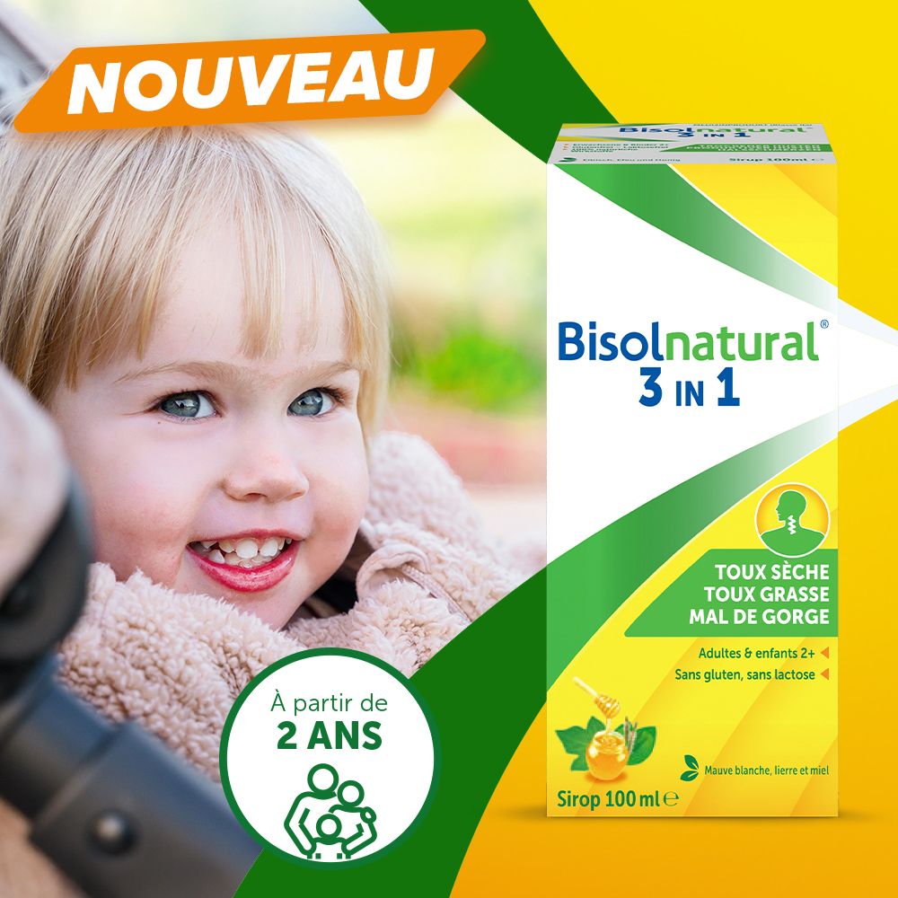 Emballage avec texte : LA FORCE DE LA NATURE. Informations sur la toux et la gorge.