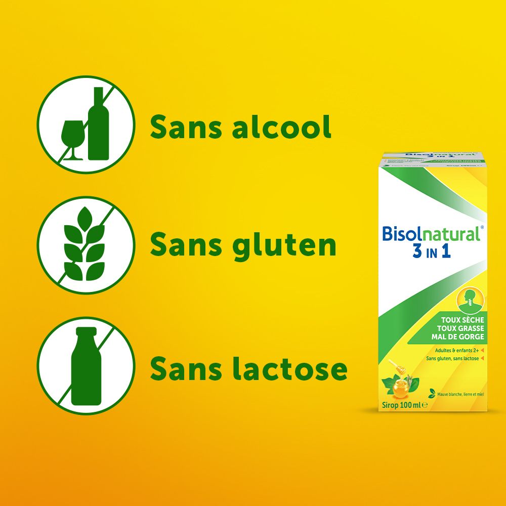 Emballage avec ingrédients : guimauve, lierre, miel. Informations sur la toux et la gorge.