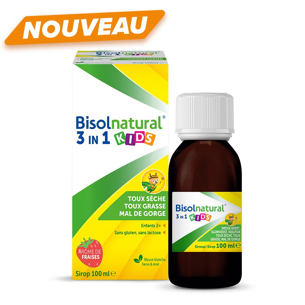 Emballage et flacon. Inscription : Bisolnatural 3 en 1 KIDS. Texte : Toux sèche, toux grasse, mal de gorge.