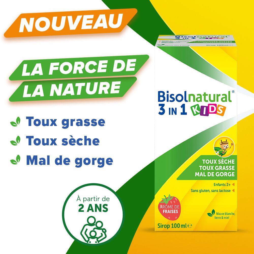 Emballage du produit. Inscription : Bisolnatural 3 en 1 KIDS. Texte : Toux sèche, toux grasse, mal de gorge.