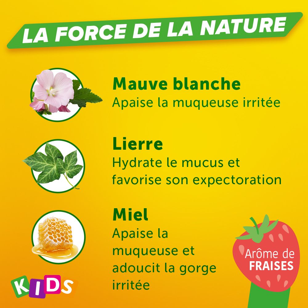 Emballage et flacon. Inscription : Bisolnatural 3 en 1 KIDS. Texte : Toux sèche, toux grasse, mal de gorge.