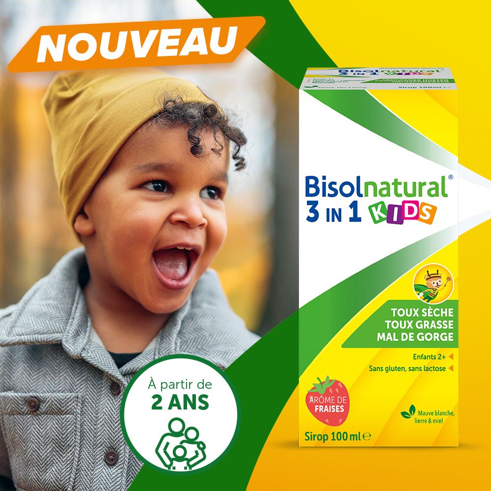 Emballage du produit. Inscription : Bisolnatural 3 en 1 KIDS. Texte : Toux sèche, toux grasse, mal de gorge.