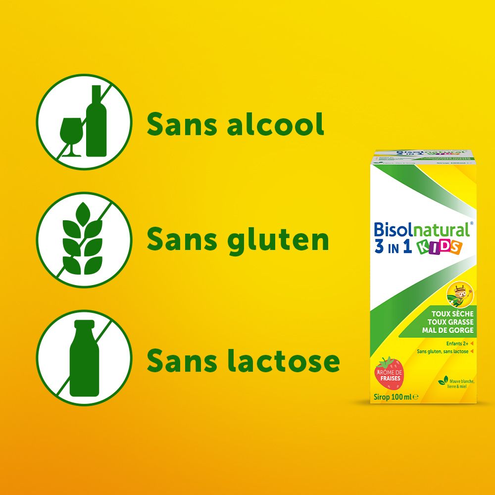 Emballage du produit. Inscription : Bisolnatural 3 en 1 KIDS. Texte : Toux sèche, toux grasse, mal de gorge.