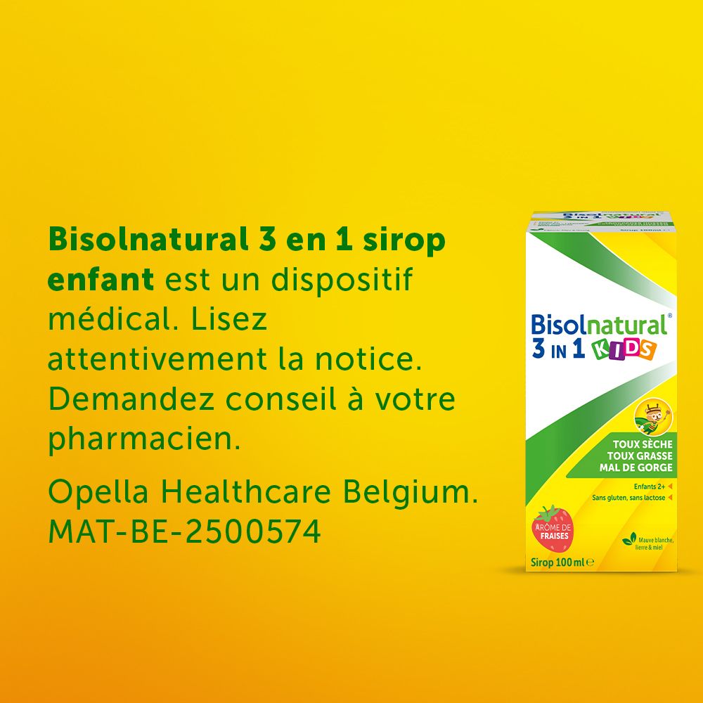 Emballage et flacon. Inscription : Bisolnatural 3 en 1 KIDS. Texte : Toux sèche, toux grasse, mal de gorge.
