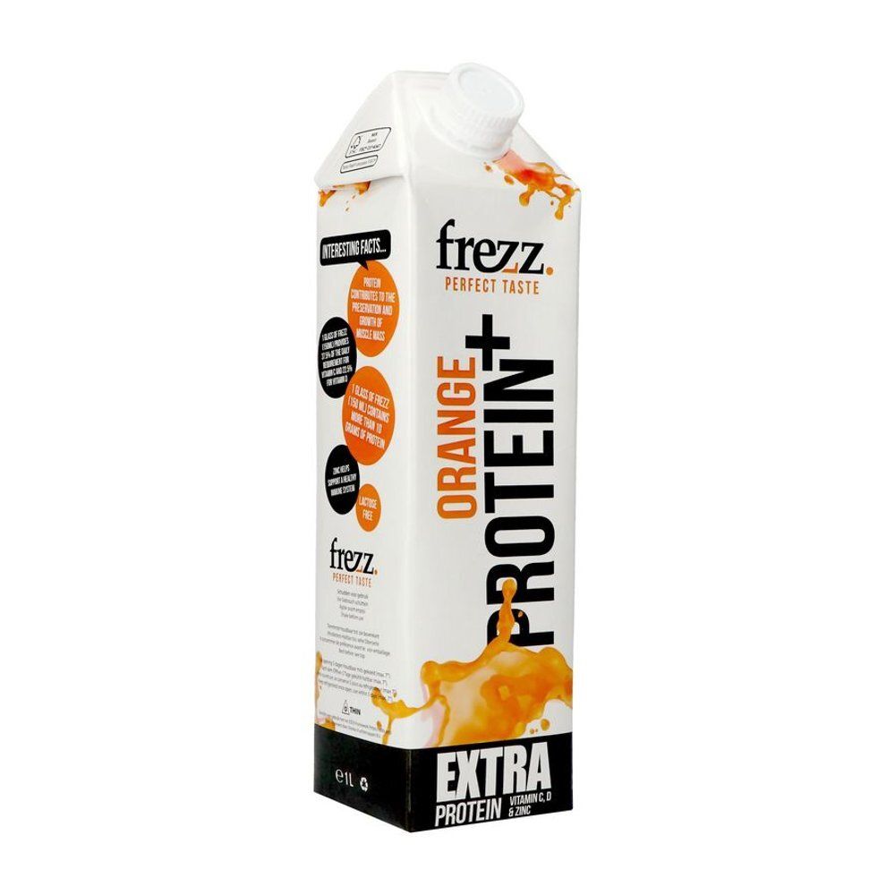 Brique de boisson Frezz Orange Protein+. Contient de la vitamine C, D et du zinc. Dos avec texte et illustrations. 1 litre.