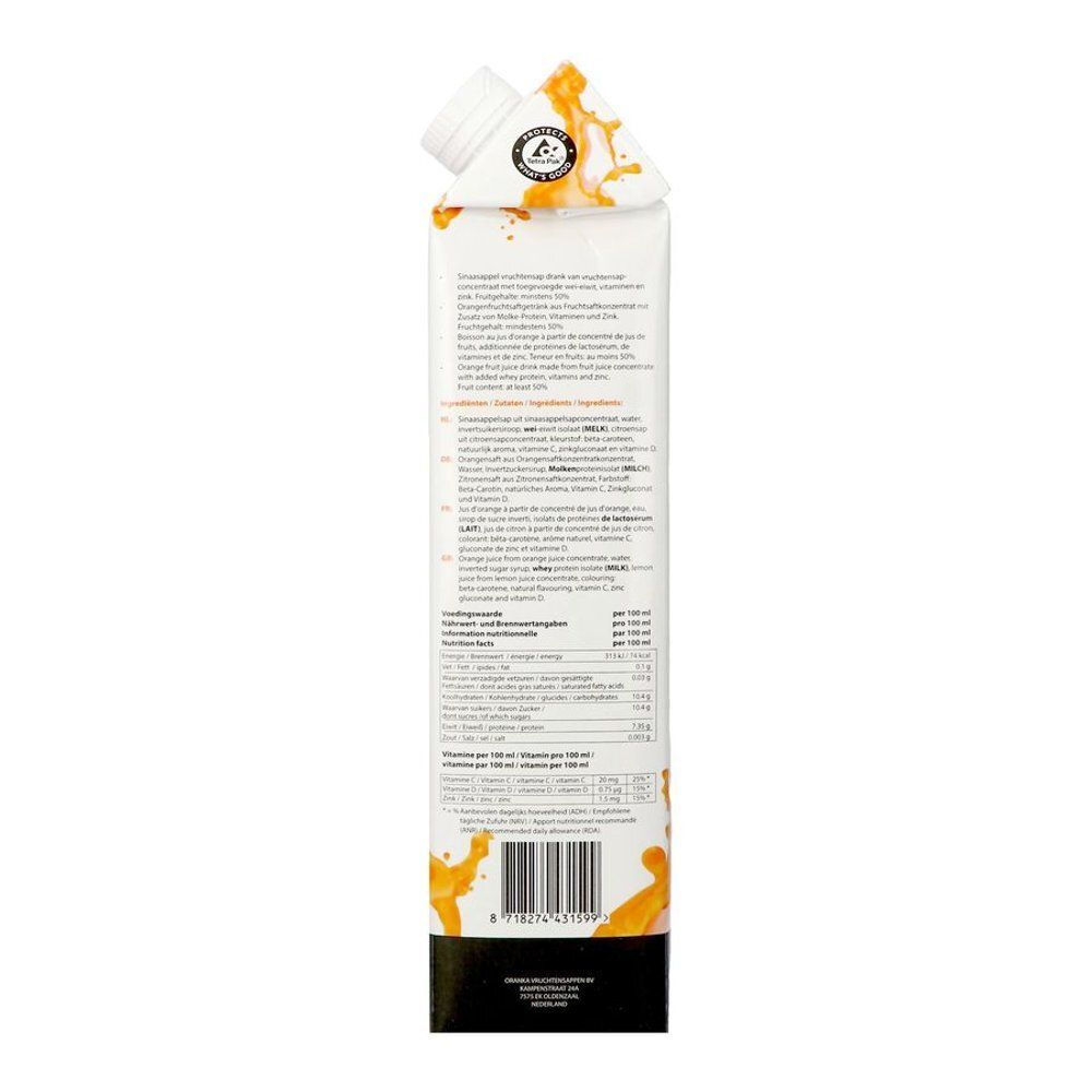 Dos de la brique de boisson avec texte et illustrations. Contient des informations sur Frezz Orange Protein+.