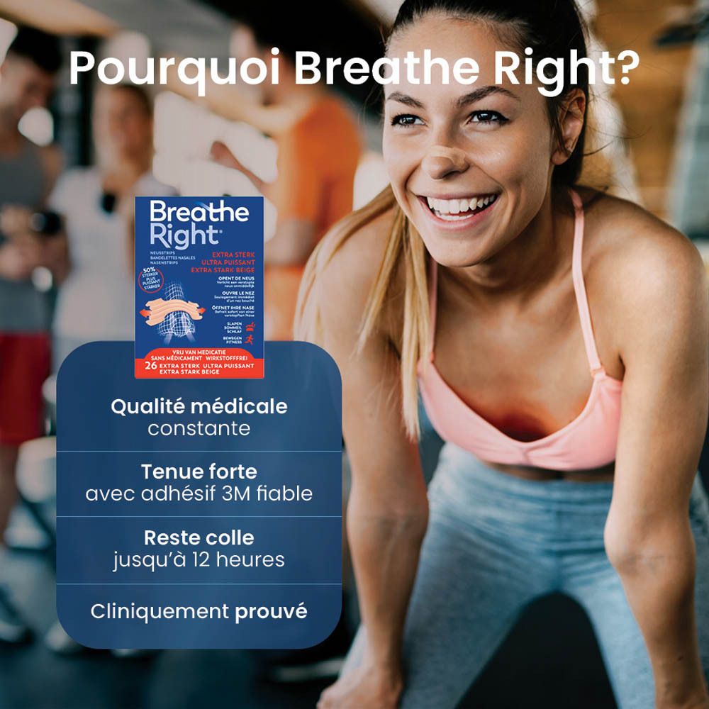 Femme au gymnase. Boîte Breathe Right. Qualité médicale. Texte en français.
