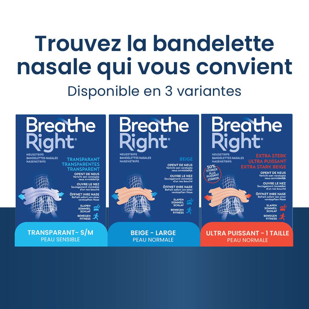 Trois boîtes Breathe Right. Transparent, beige, extra fort. Texte en français.