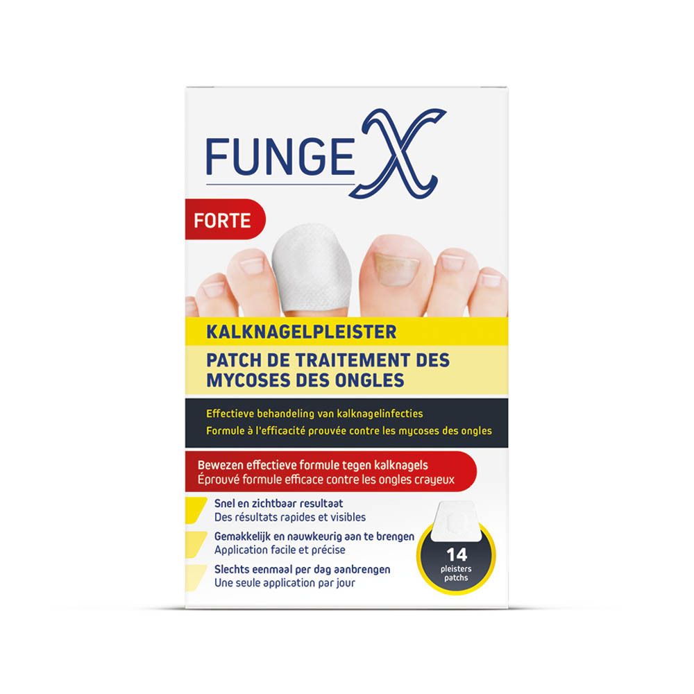 Boîte FungeX Forte. Montre des pieds avec un patch sur un ongle. Contient 14 patchs.