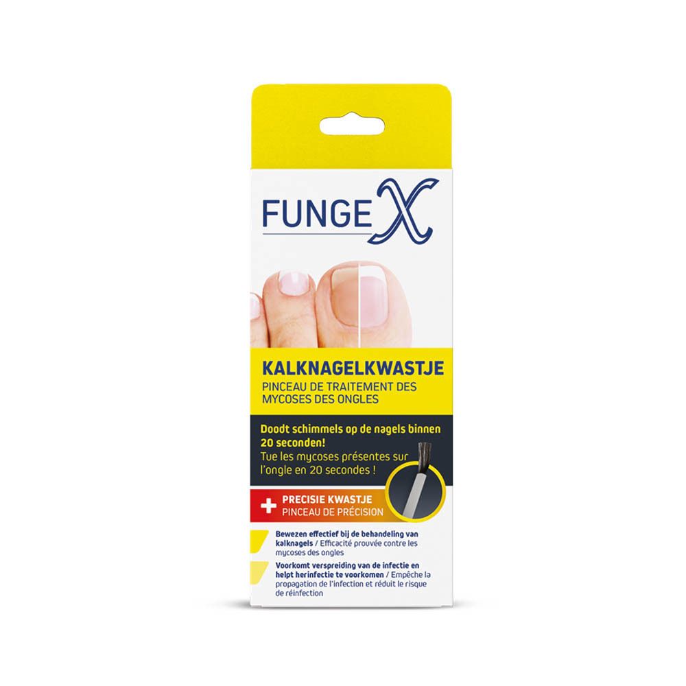 Emballage FungeX. Produit pour le traitement des mycoses des ongles. Design jaune et blanc avec image du produit.