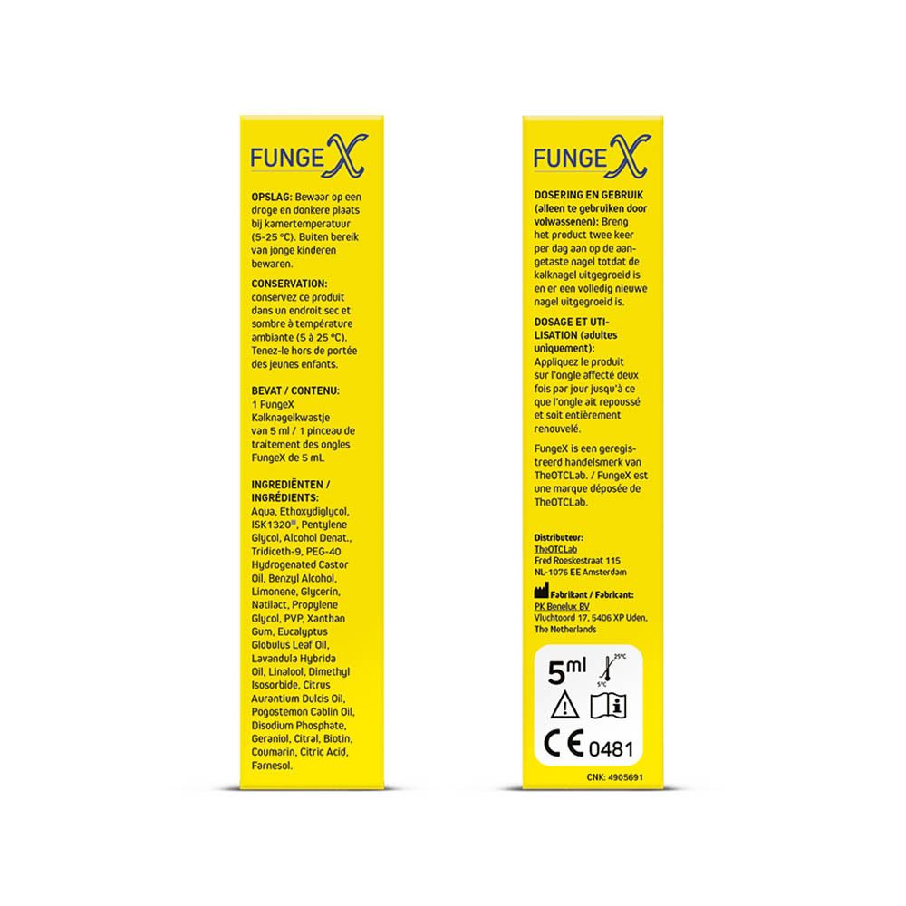 Deux côtés jaunes avec informations sur le produit. Ingrédients, dosage et marquage CE.