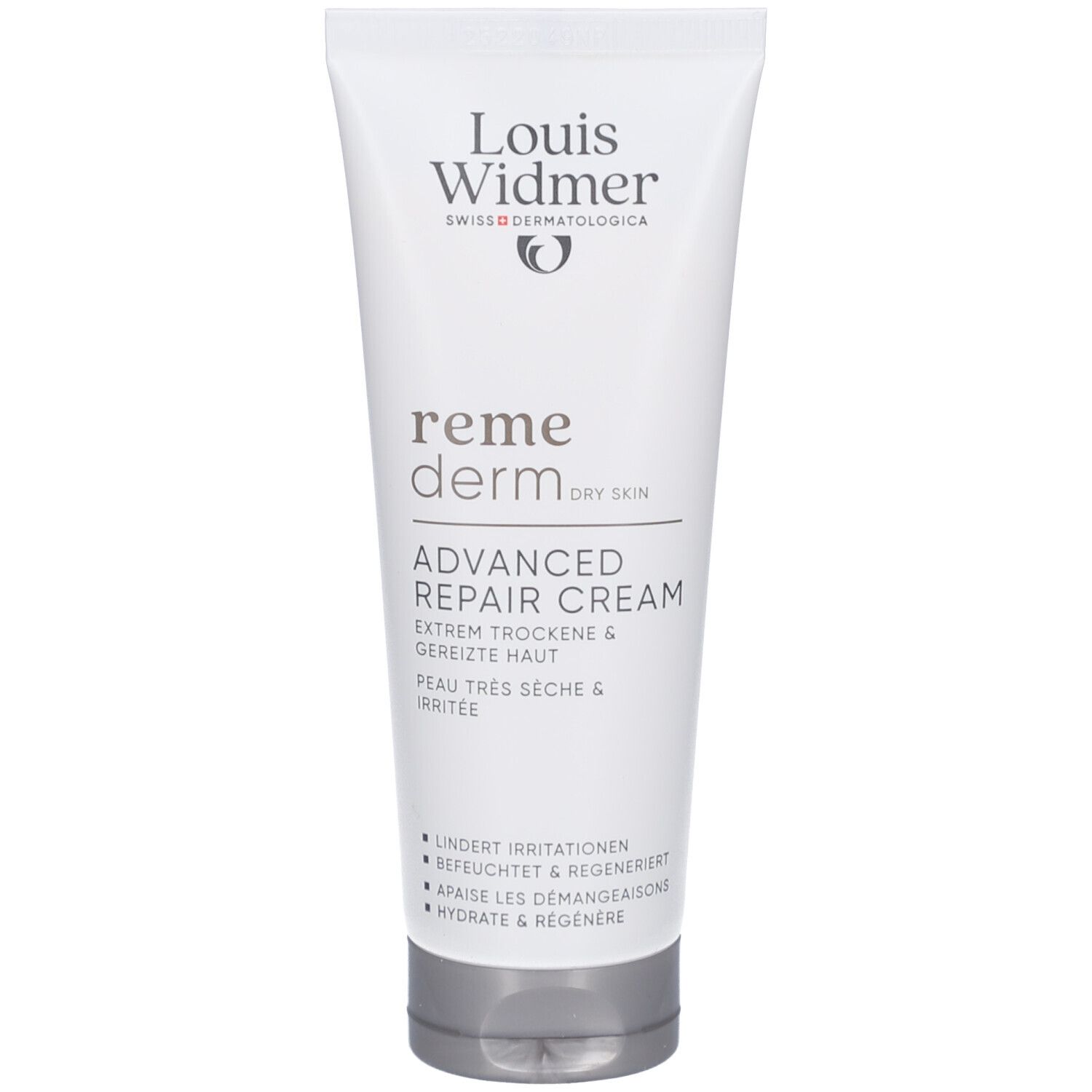 Tube de crème Louis Widmer. Contient « Advanced Repair Cream » pour peaux sèches. Inscription en allemand et français.