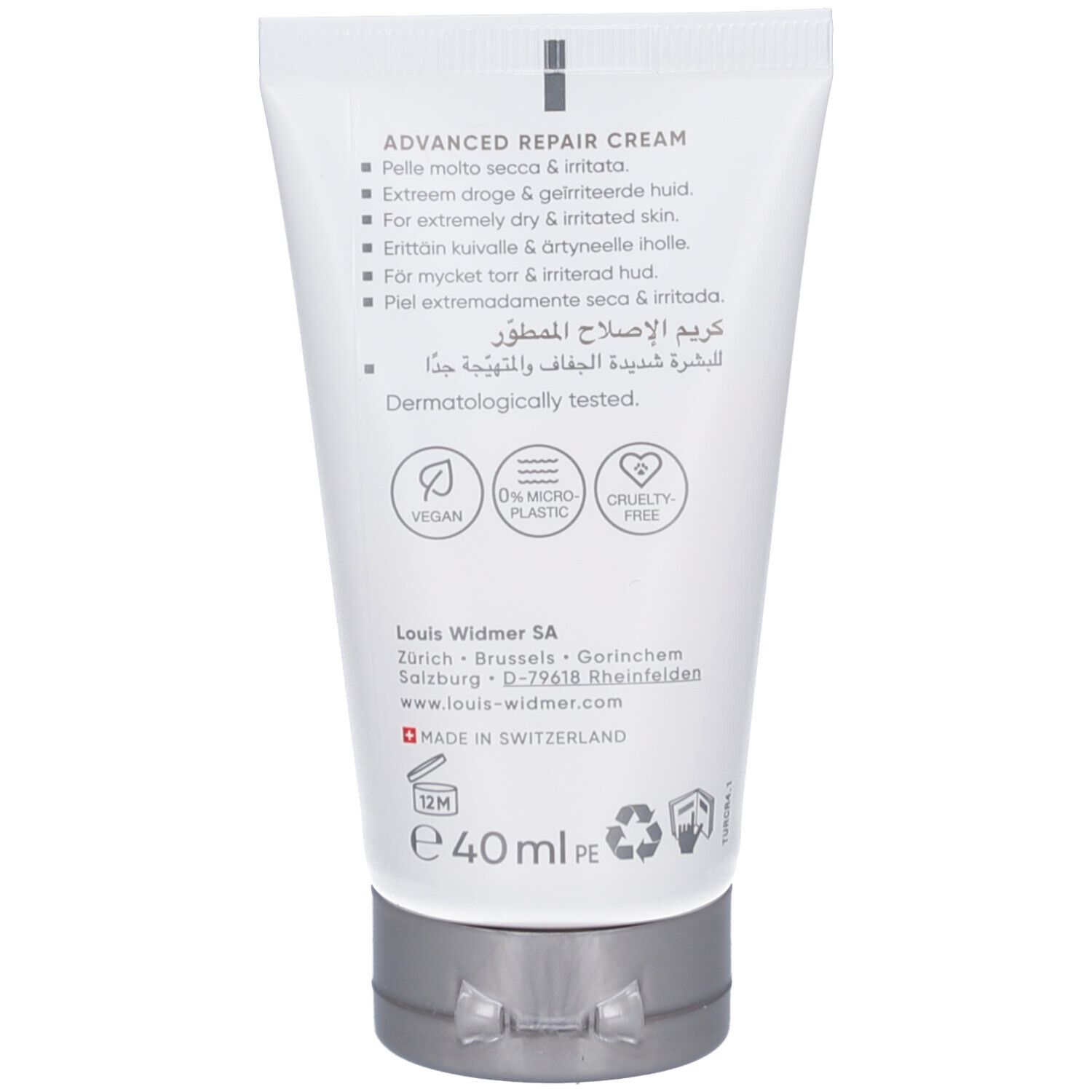 Dos du tube de crème. Texte: Advanced Repair Cream. Testé dermatologiquement. Vegan, 0% microplastique, Cruelty Free.