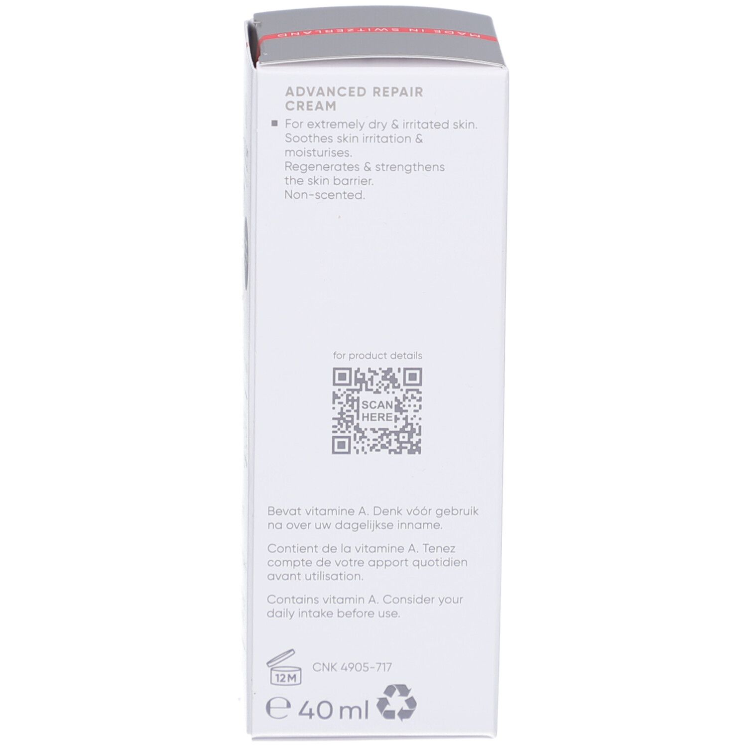 Dos de l'emballage. Texte: Advanced Repair Cream. Pour peaux sèches et irritées. 40ml.