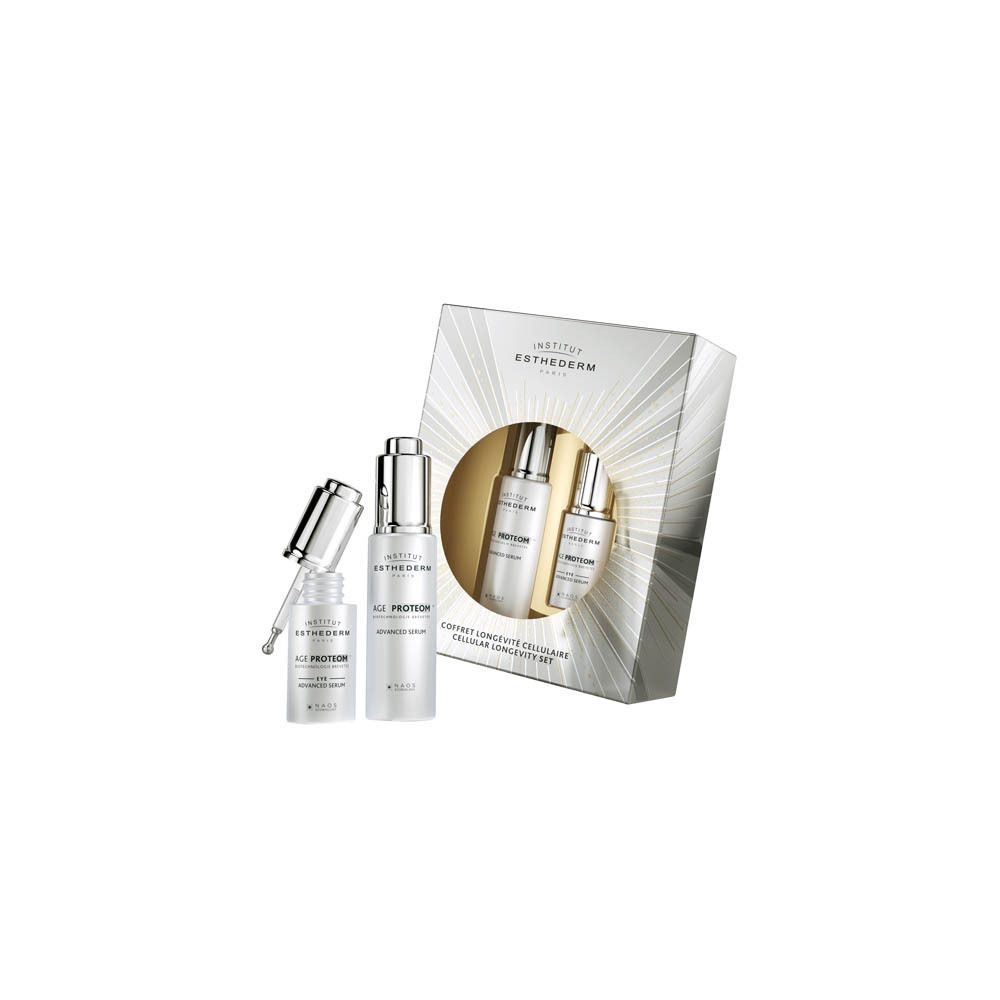 Coffret Longévité Cellulaire Institut Esthederm avec deux sérums en flacons argentés, dont un ouvert.