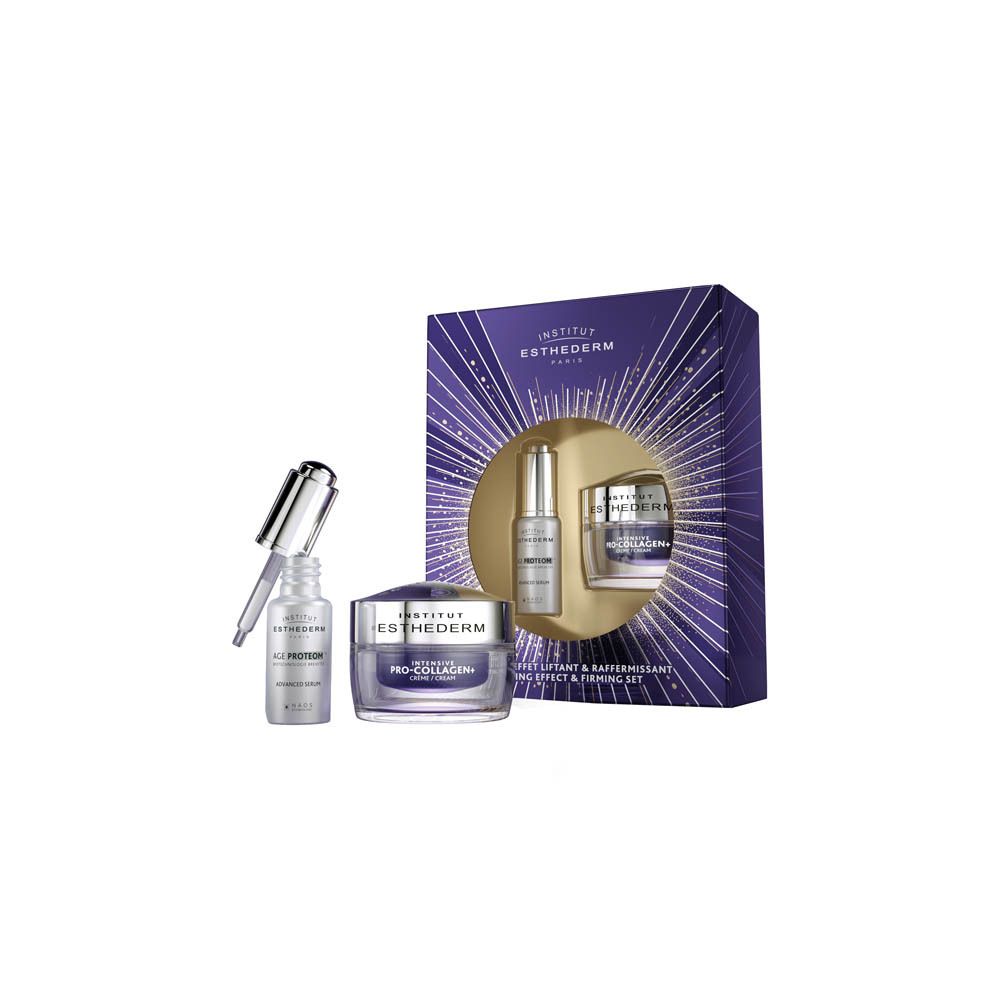 Coffret Institut Esthederm avec sérum et crème dans une boîte cadeau violette.