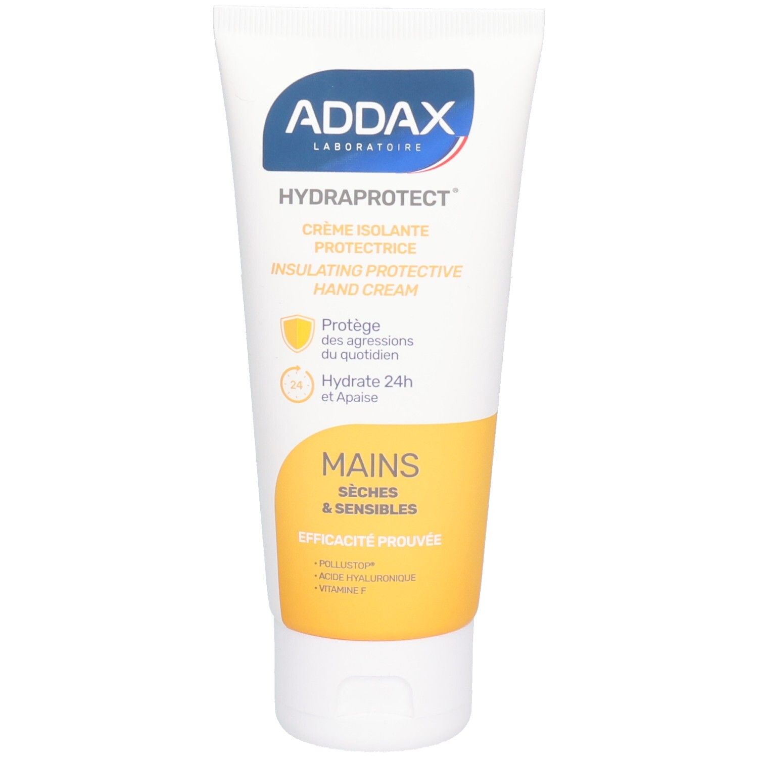 Tube blanche avec étiquette bleue et jaune. Inscription: ADDAX Hydraprotect Crème Mains. Nom du produit et logo.
