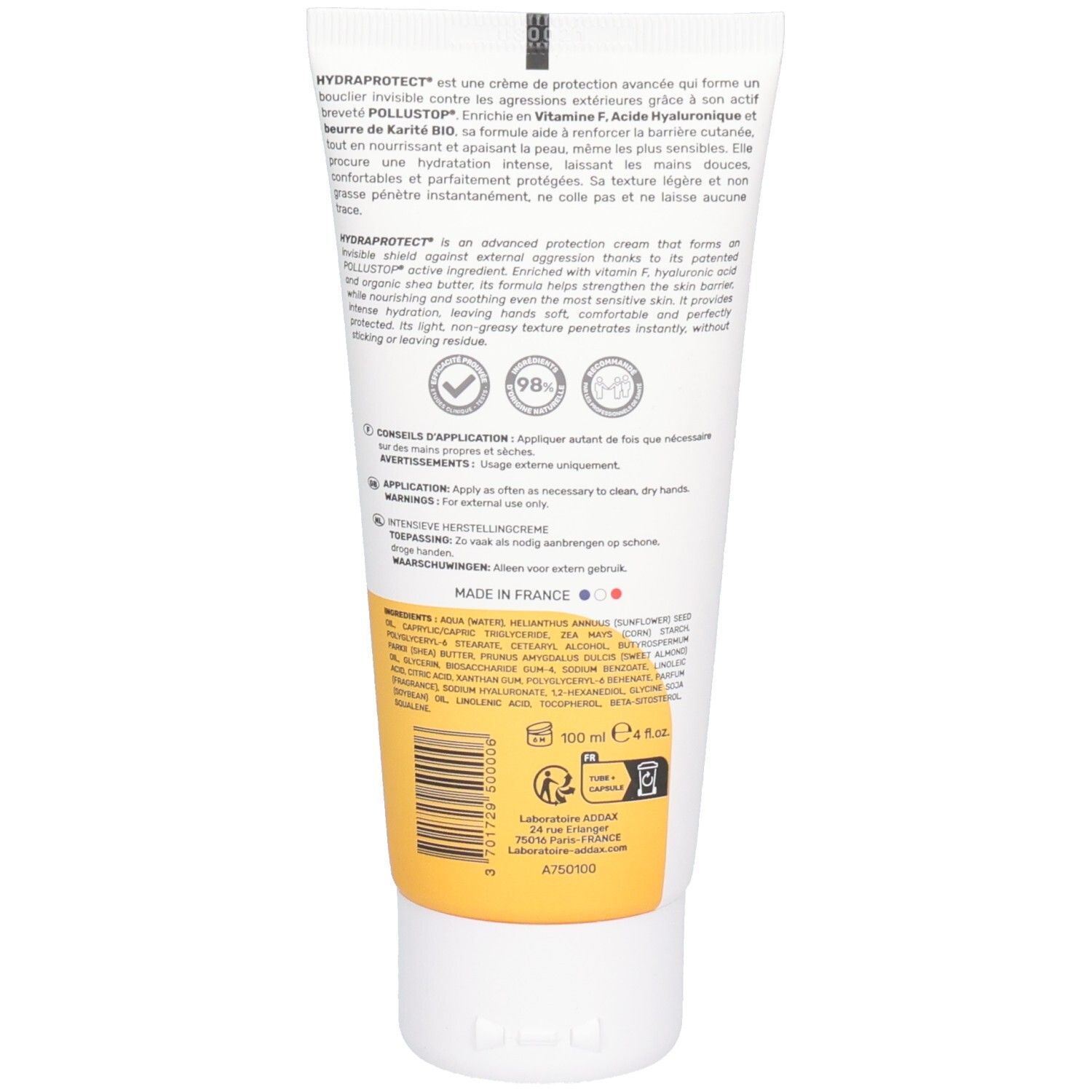 Dos du tube. Texte et logos sur fond blanc avec bande jaune. Informations sur le produit et code-barres.