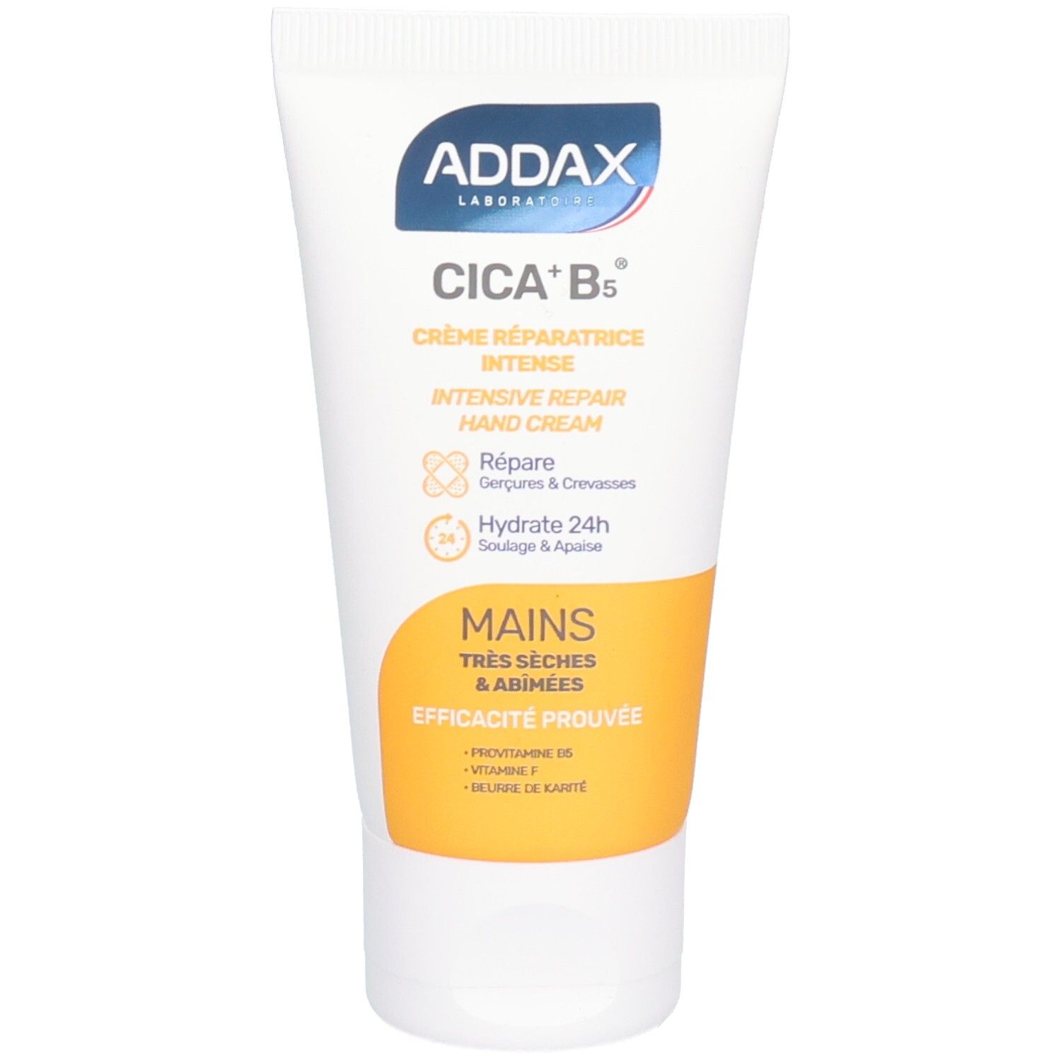 Tube blanc ADDAX Crème Mains Cica-B+ avec texte bleu et jaune. Contient de la crème pour les mains. Texte: Cica-B5, Crème Réparatrice Intense.