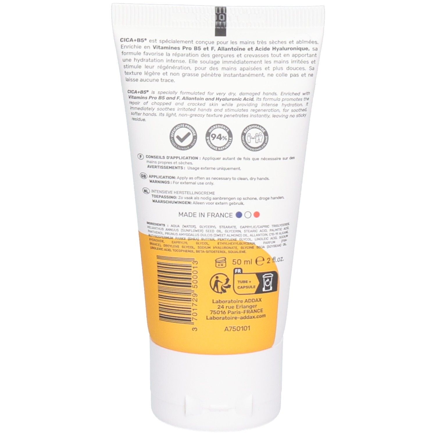 Dos du tube blanc ADDAX Crème Mains Cica-B+ avec texte et bande jaune. Contient des informations sur le produit.
