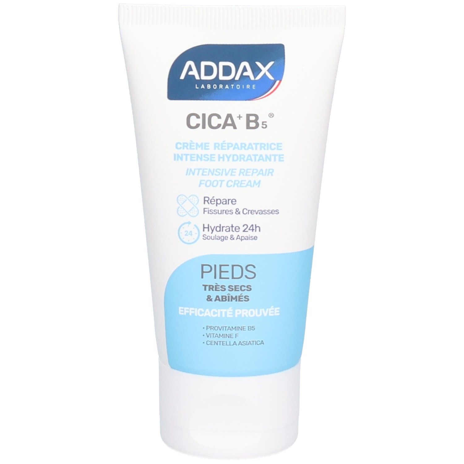 Tube blanc avec bande bleue. Inscription: ADDAX, Cica-B5 Crème Réparatrice, Pieds. Nom du produit et texte en français.