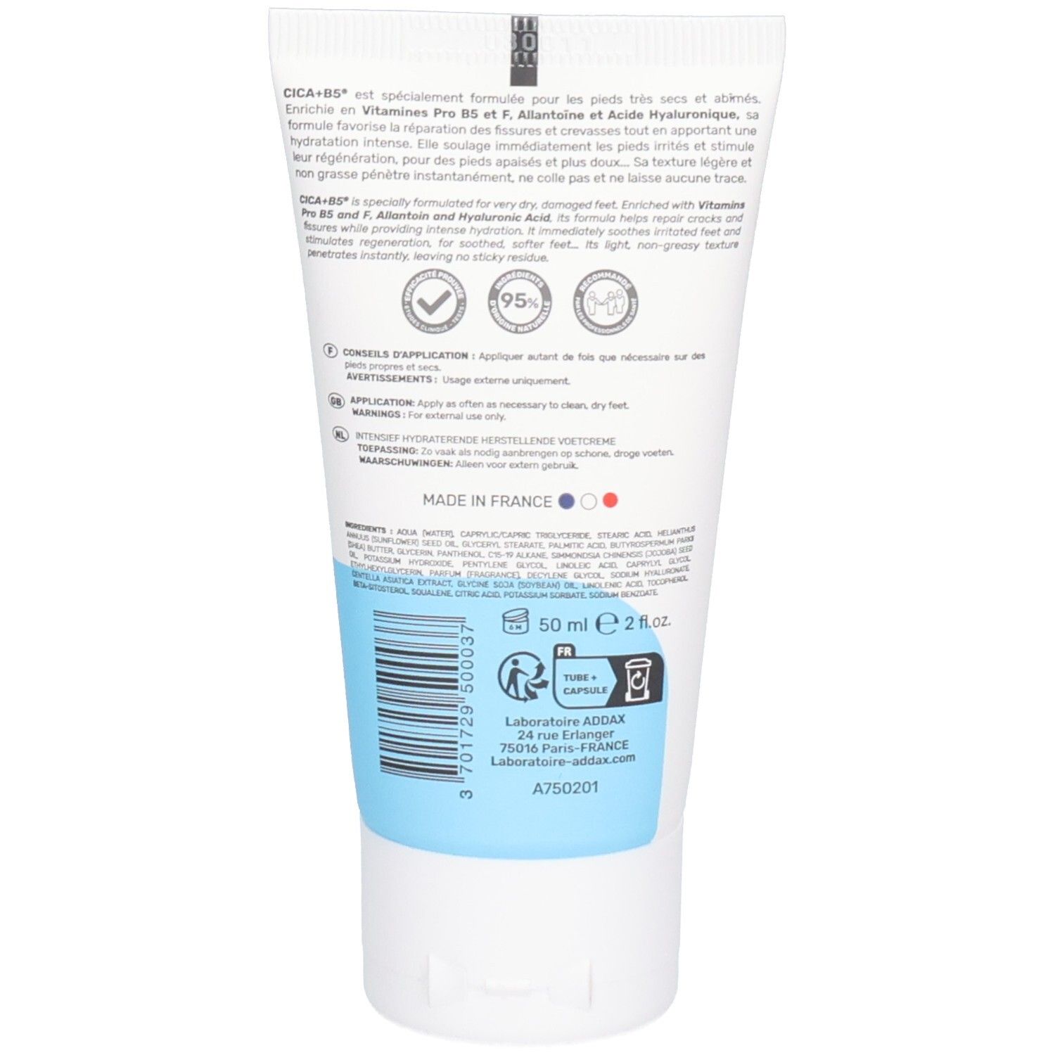 Dos du tube. Texte en français, comprenant ingrédients et informations fabricant. 50 ml.