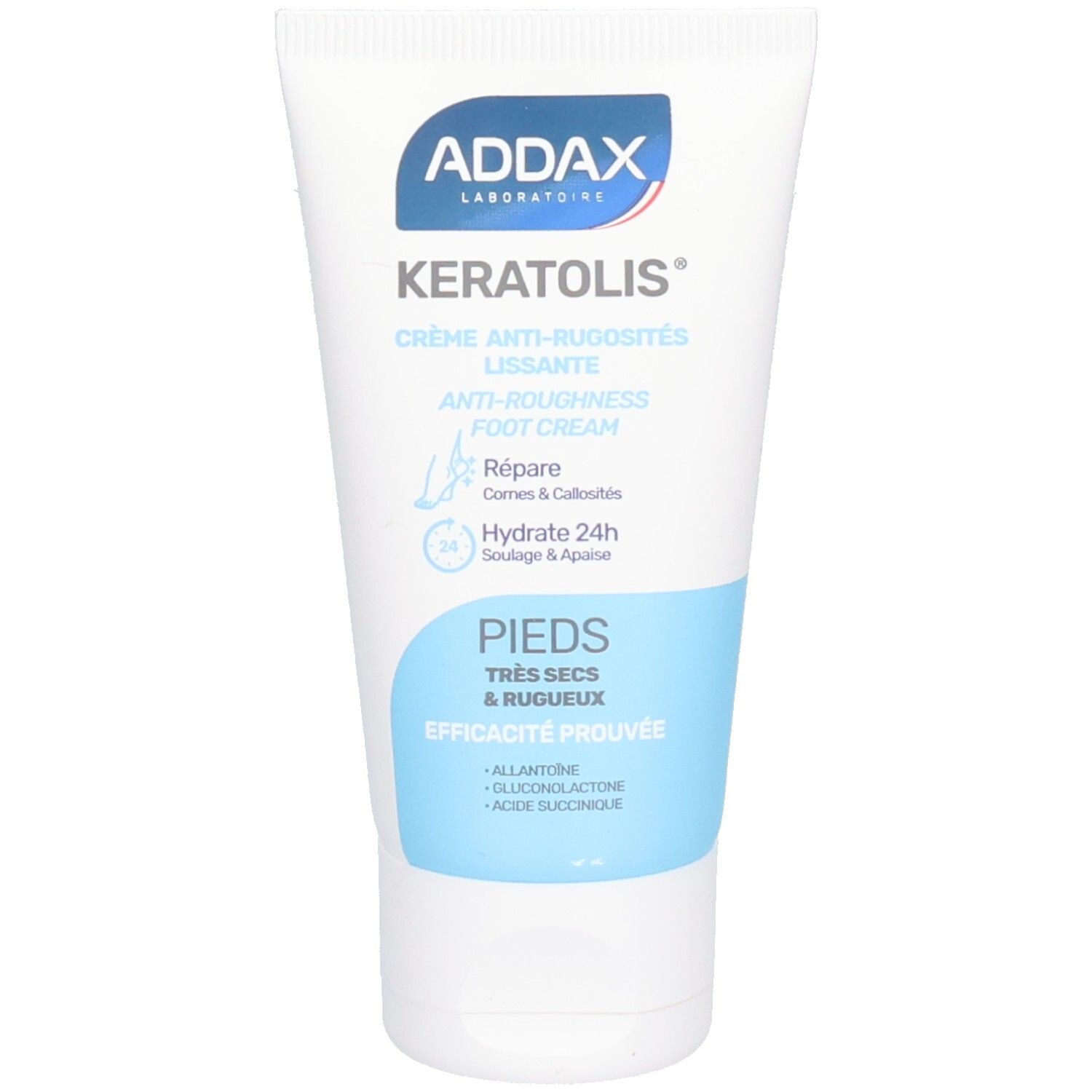 Tube blanc et bleu. Inscription: ADDAX, Keratolis, Crème Lissante Pieds Très Secs et Rugueux. Anti-Rougissements Foot Cream.