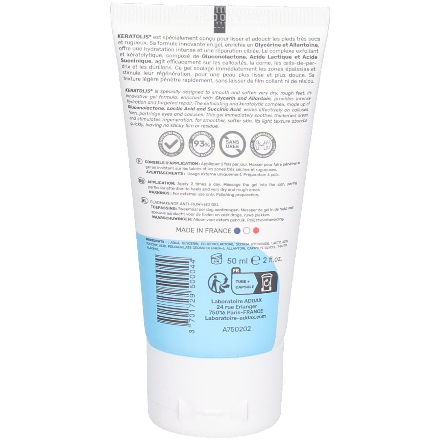 Dos du tube. Texte en français. Contient des informations sur les ingrédients et l'utilisation. 50 ml.