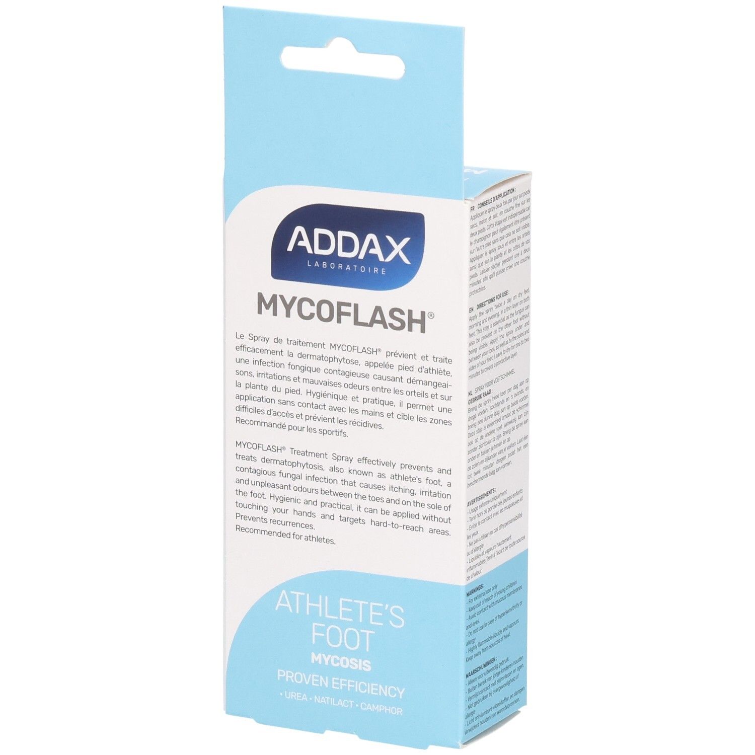 Emballage bleu et blanc. Texte: ADDAX, MYCOFLASH, spray pour mycose des pieds. Description. Dos.
