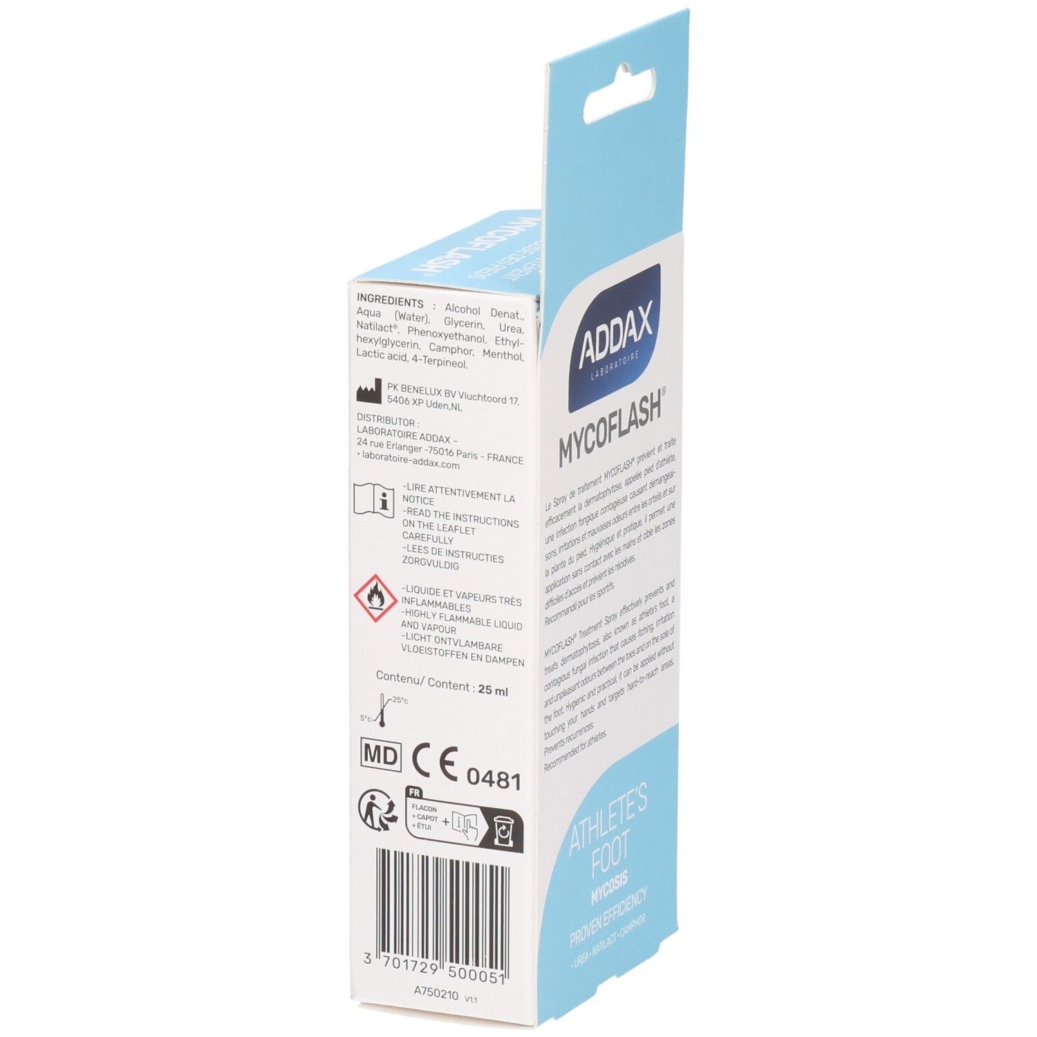Emballage bleu et blanc. Texte: ADDAX, MYCOFLASH, spray pour mycose des pieds. Ingrédients, marquage CE.