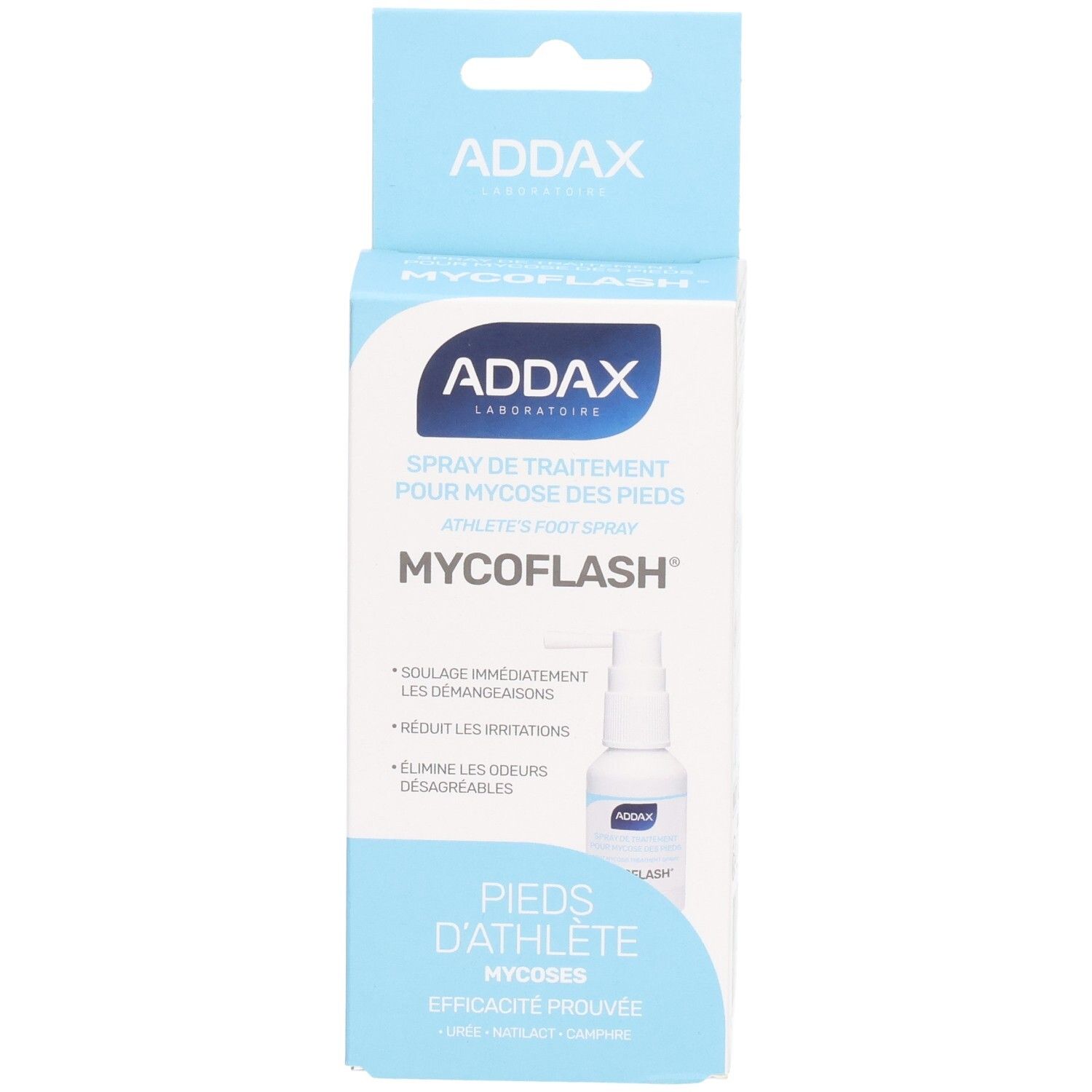 Boîte bleue et blanche avec flacon spray. Texte: ADDAX, MYCOFLASH, spray pour mycose des pieds. Marquage CE.