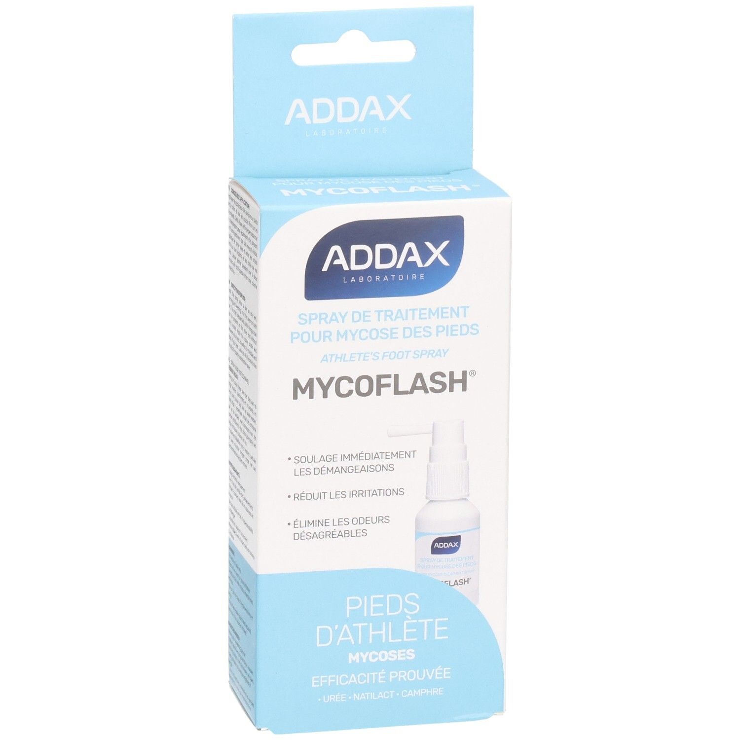 Boîte bleue et blanche avec flacon spray. Texte: ADDAX, MYCOFLASH, spray pour mycose des pieds. Marquage CE.