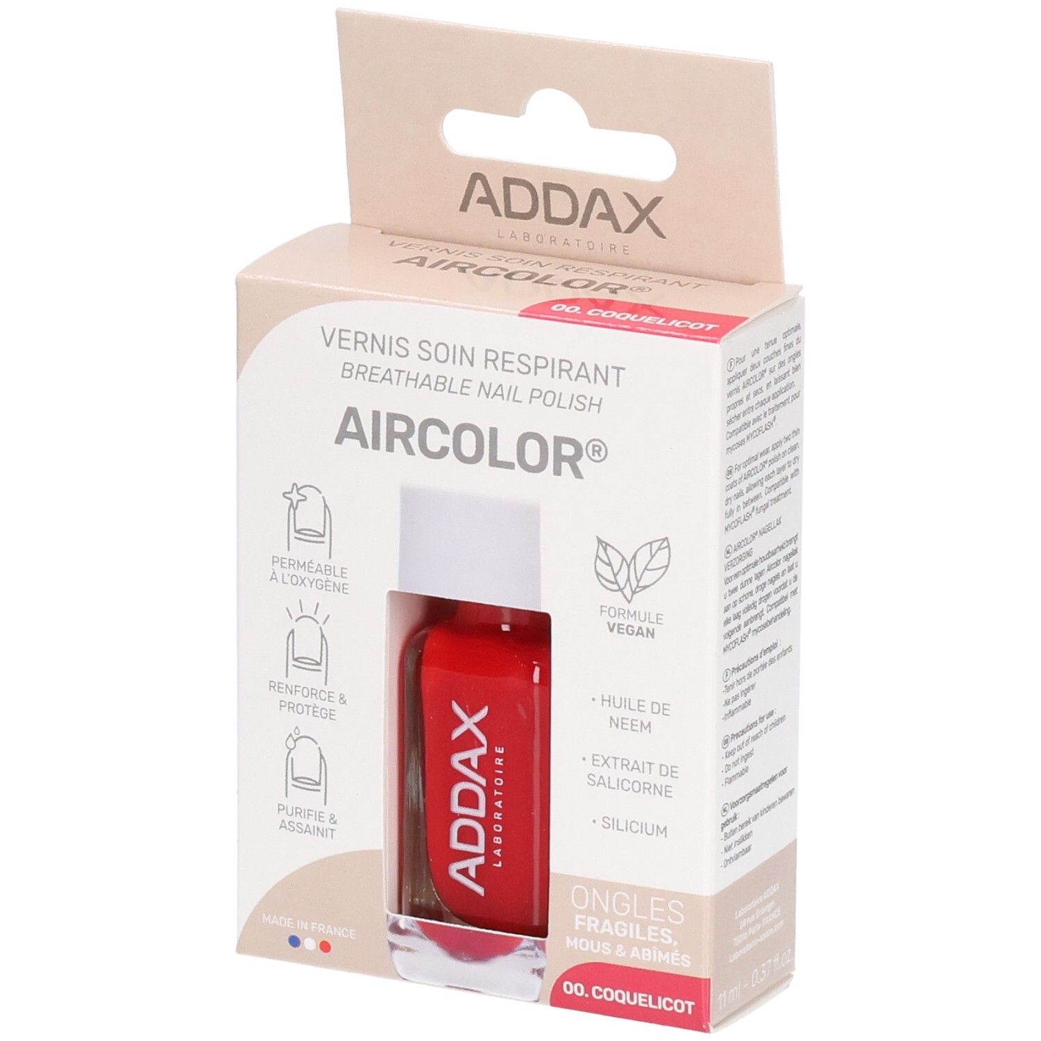 Boîte de vernis à ongles rouge. Marque ADDAX, nom du produit AIRCOLOR. Inscription: Vernis à Ongles Respirant. Couleur: 00. Coquelicot.