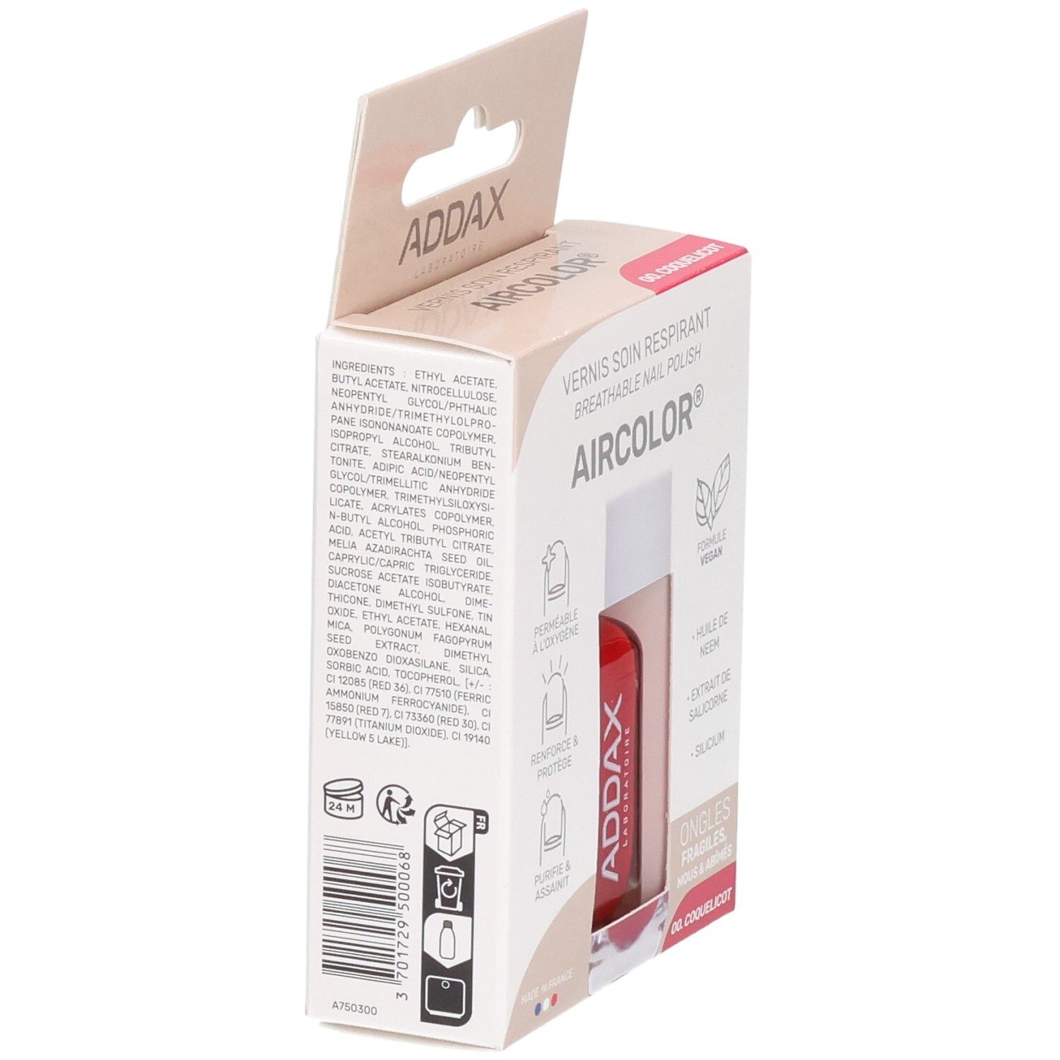 Boîte avec ingrédients et informations sur le vernis à ongles. Marque ADDAX, nom du produit AIRCOLOR. Couleur: 00. Coquelicot.