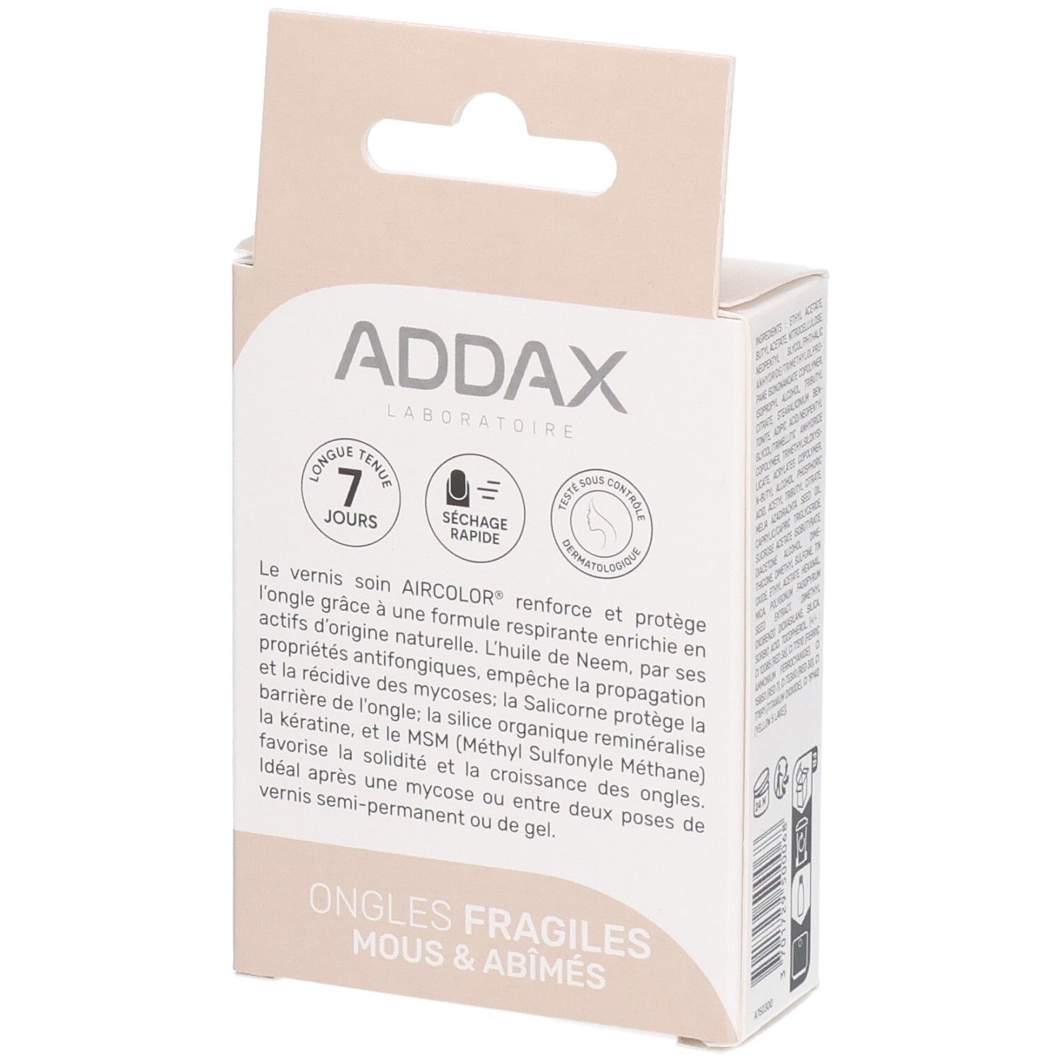 Boîte avec informations sur le vernis à ongles. Marque ADDAX, nom du produit AIRCOLOR. Inscription: Ongles Fragiles, Mous & Abîmés.