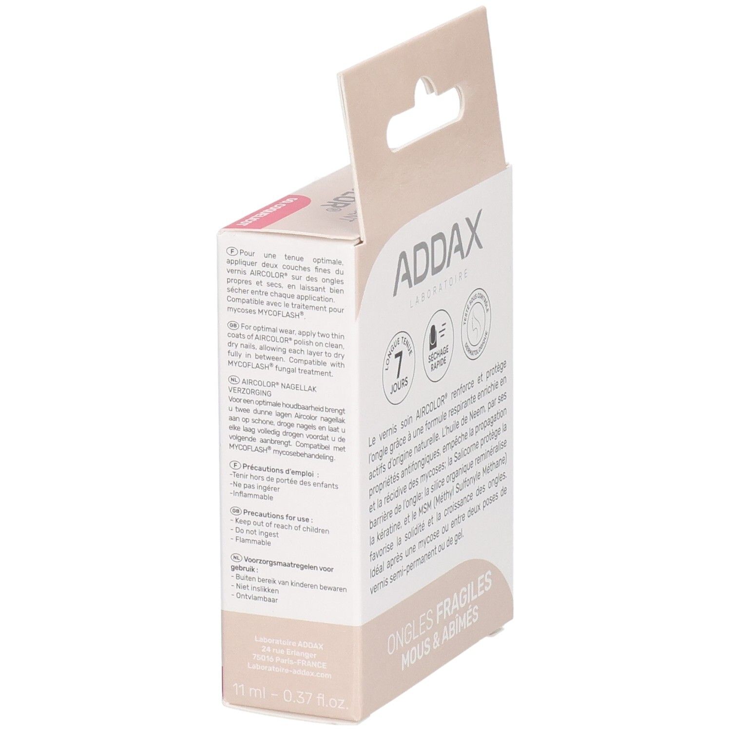 Boîte avec informations sur le vernis à ongles. Marque ADDAX, nom du produit AIRCOLOR. Inscription: Ongles Fragiles, Mous & Abîmés. 11 ml - 0.37 fl oz.