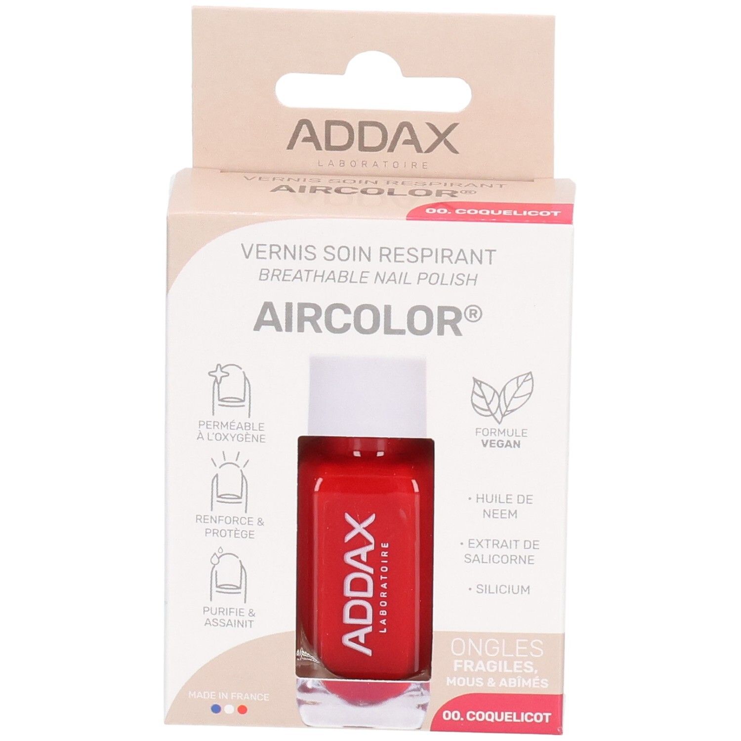Boîte de vernis à ongles rouge. Marque ADDAX, nom du produit AIRCOLOR. Inscription: Vernis à Ongles Respirant. Couleur: 00. Coquelicot.