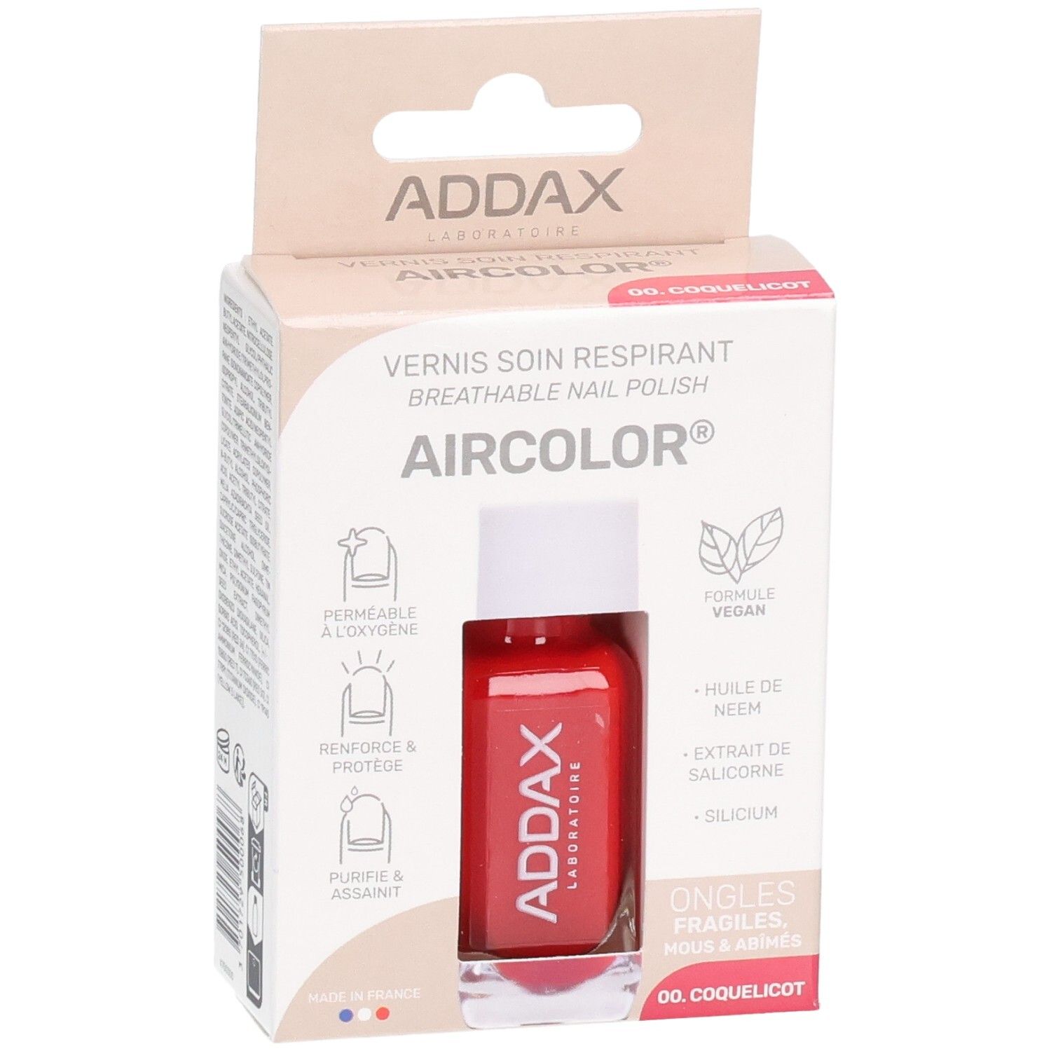 Boîte de vernis à ongles rouge. Marque ADDAX, nom du produit AIRCOLOR. Inscription: Vernis à Ongles Respirant. Couleur: 00. Coquelicot.
