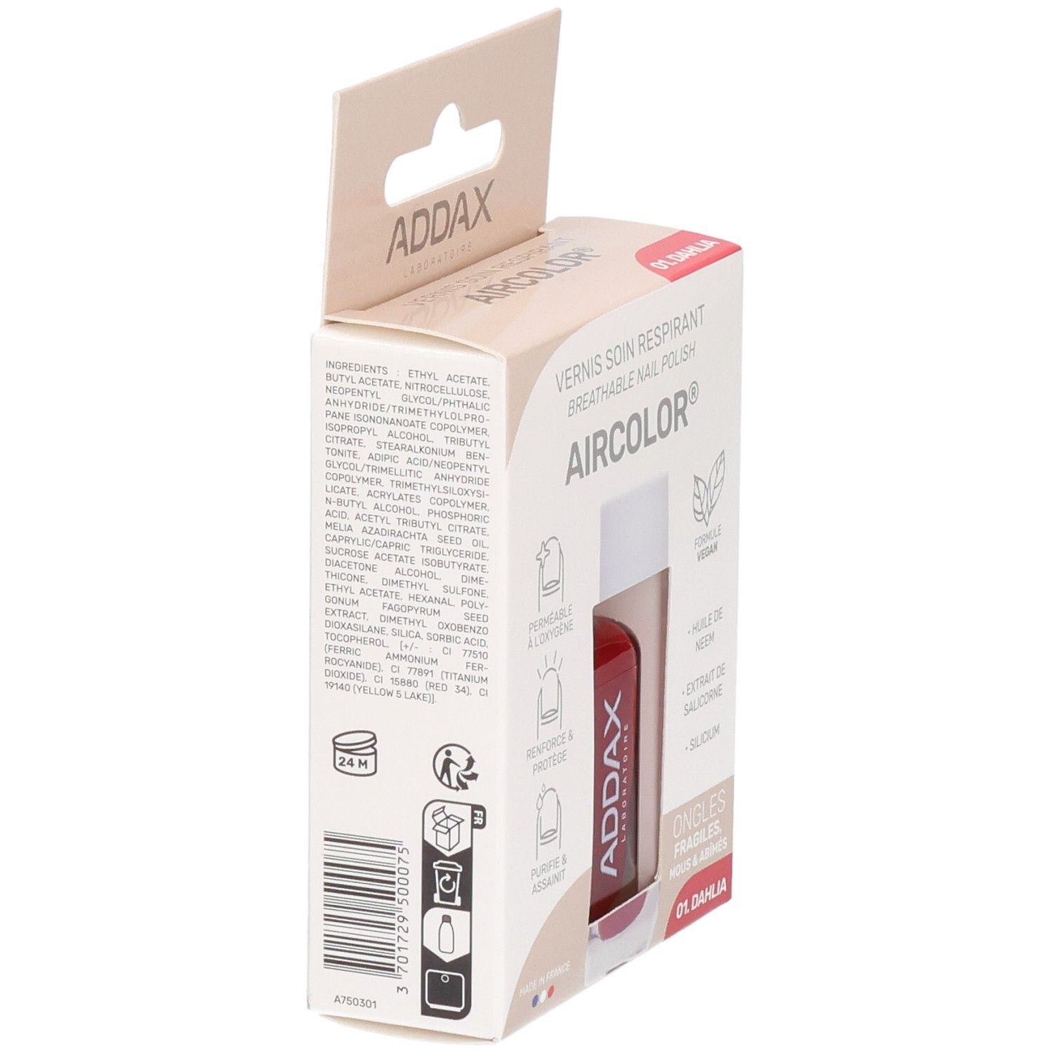 Emballage avec flacon de vernis à ongles. Dos avec ingrédients et informations produit. Marque ADDAX.