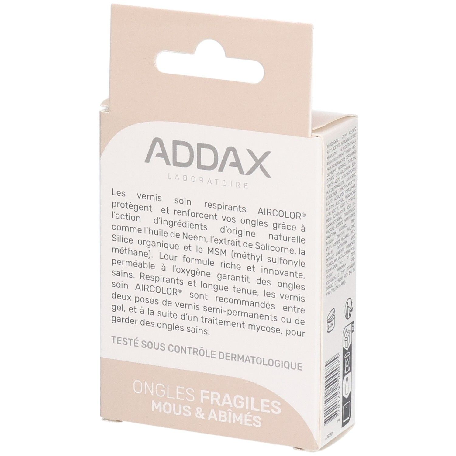 Emballage avec informations produit. Marque ADDAX. Texte sur les propriétés du vernis à ongles.