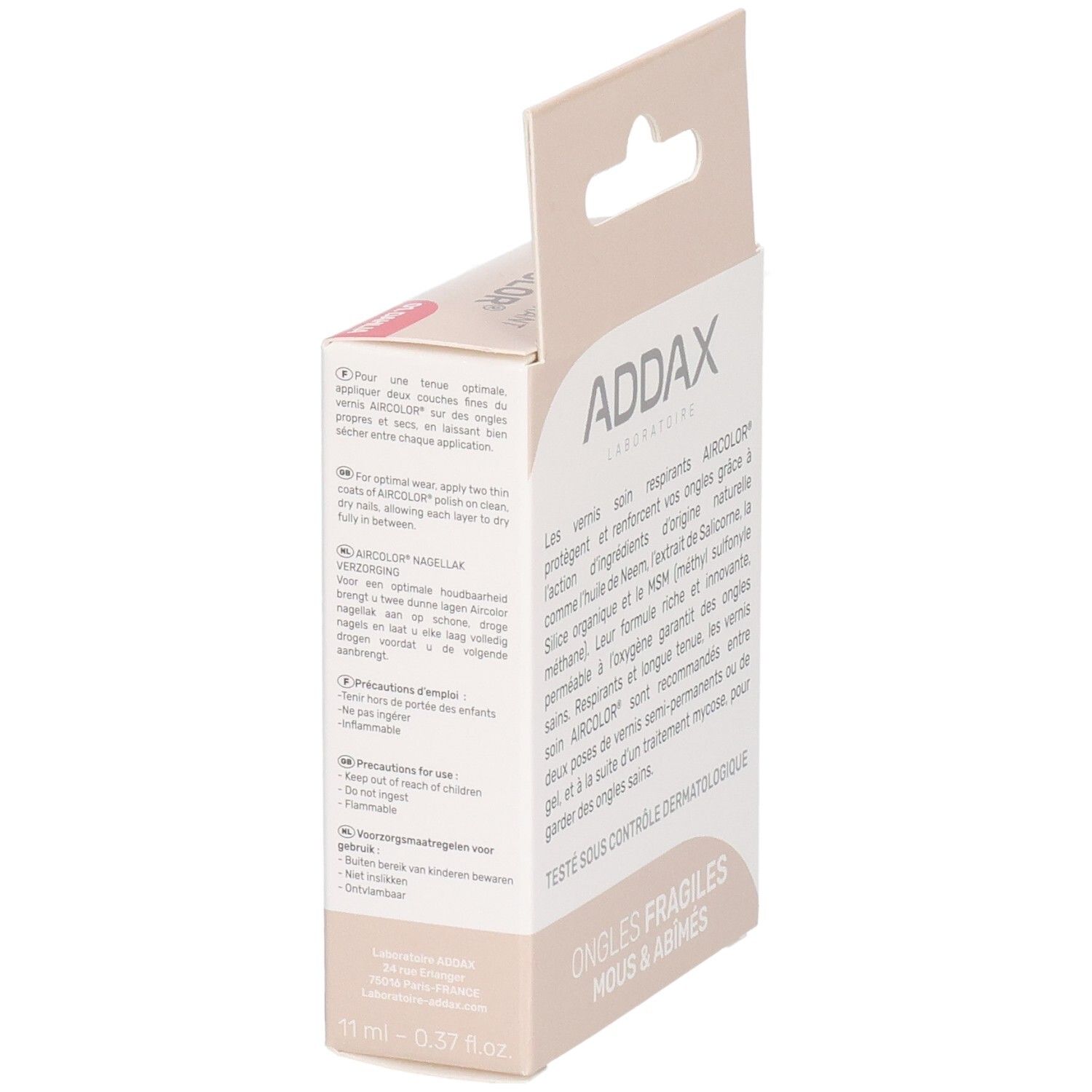 Emballage avec informations produit. Marque ADDAX. Texte sur l'application du vernis à ongles.